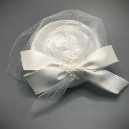 White Bridal Headpiece with Mesh Veil - Image 5