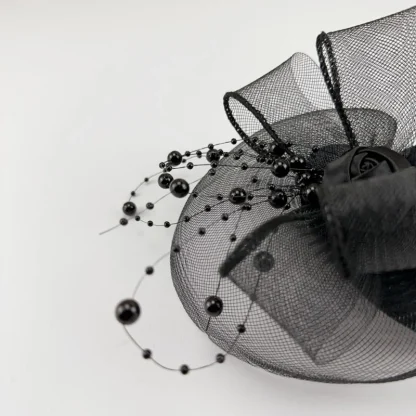 Black Cocktail Hat with Beads Design - Image 3