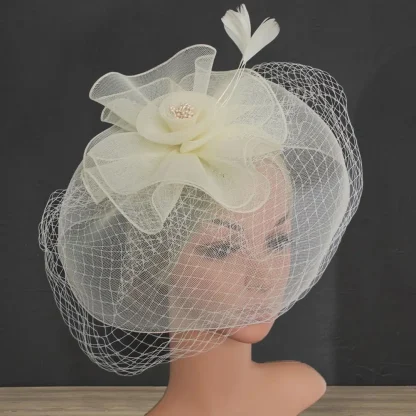 Bridal Fascinator with Net Veil and Floral Design - Image 2